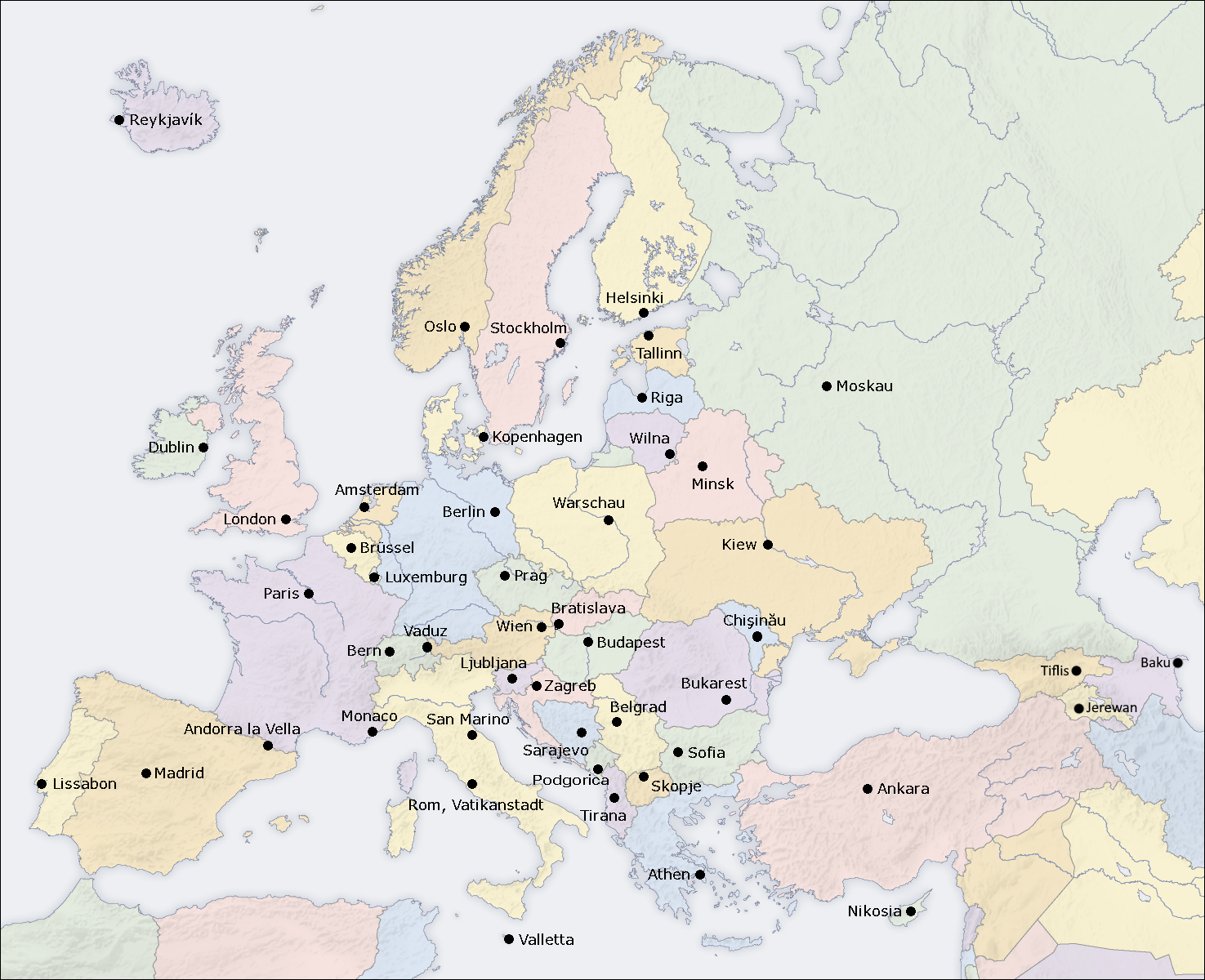 Europakarte — markierte Routen